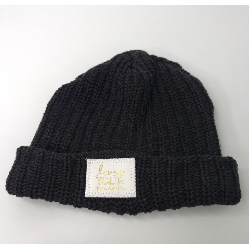 Love Your Melon Knitted Cuffed Beanie Hat in Black Gold Patch 100% Cotton